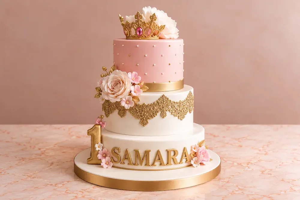 Pink and gold baby shower cake with a crown and sugar roses