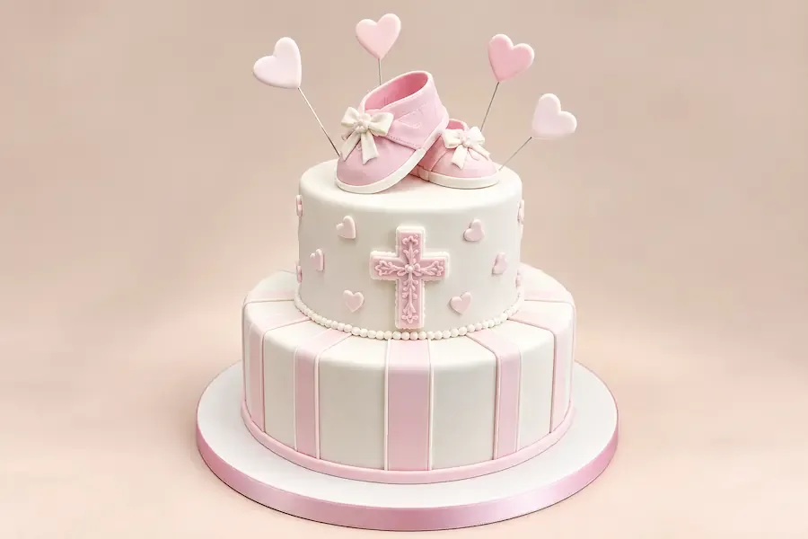 Pink booties and hearts over a cross and striped tier