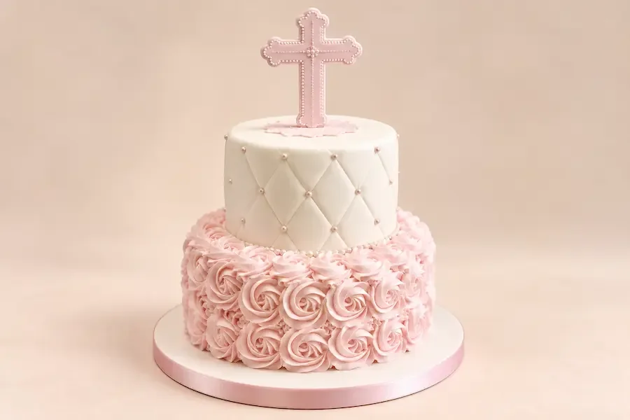Piped rosettes in pink with a quilted tier and a cross topper
