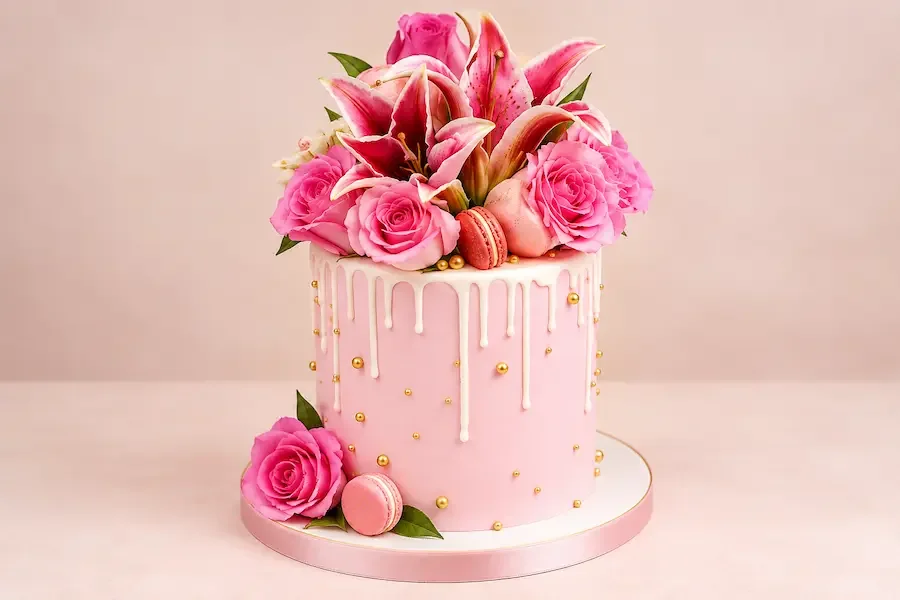 Pink drip crowned with fresh roses, lilies and macarons
