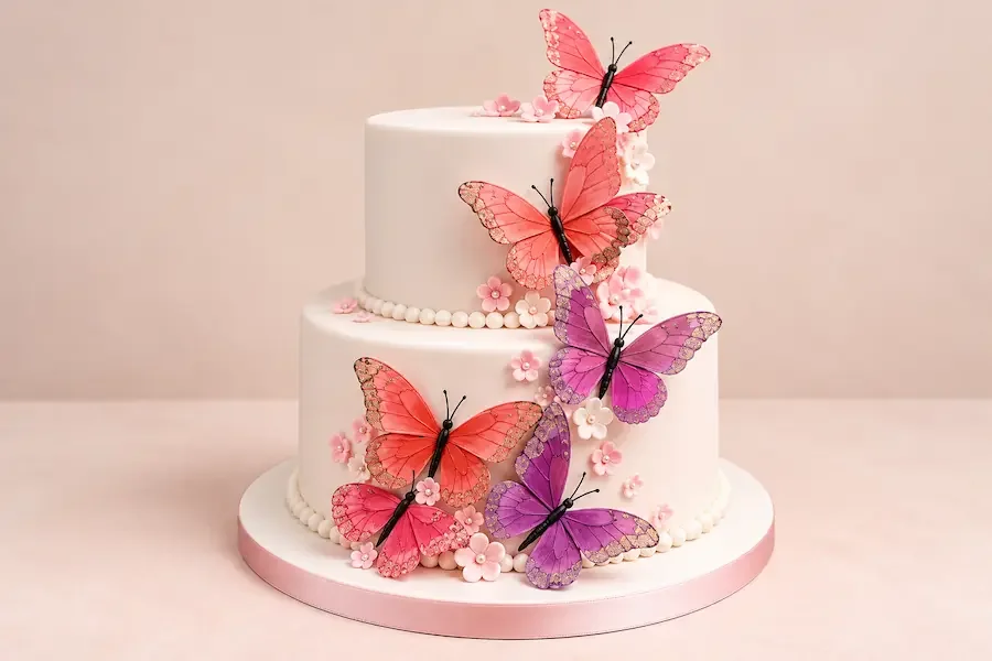 Two white tiers with oversized butterflies and blossoms