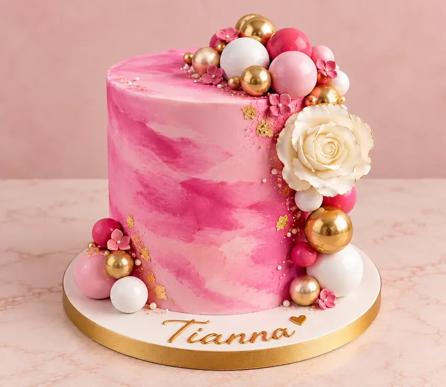 Pink watercolor with a garland of spheres and a sugar rose