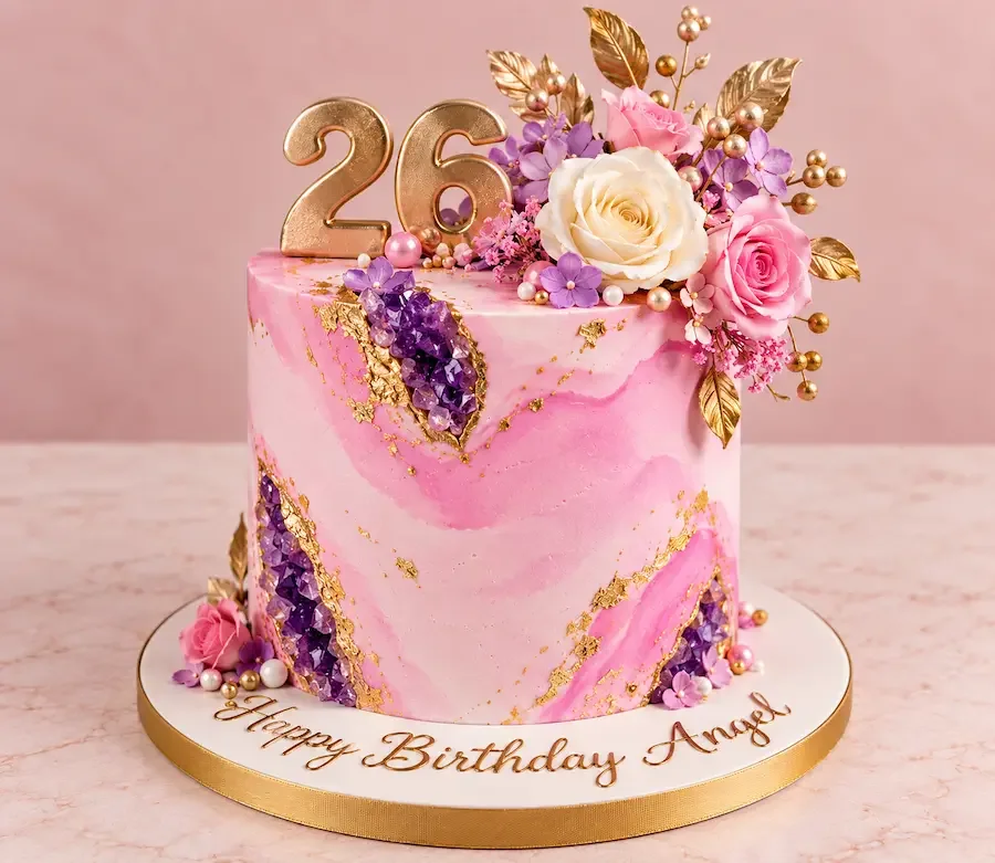 Pink marble with amethyst geodes, gold leaf and fresh flowers