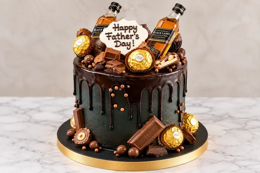 Chocolate drip loaded with candy bars and miniature bottles