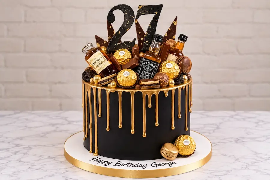 Black and gold drip with liquor miniatures and a number topper