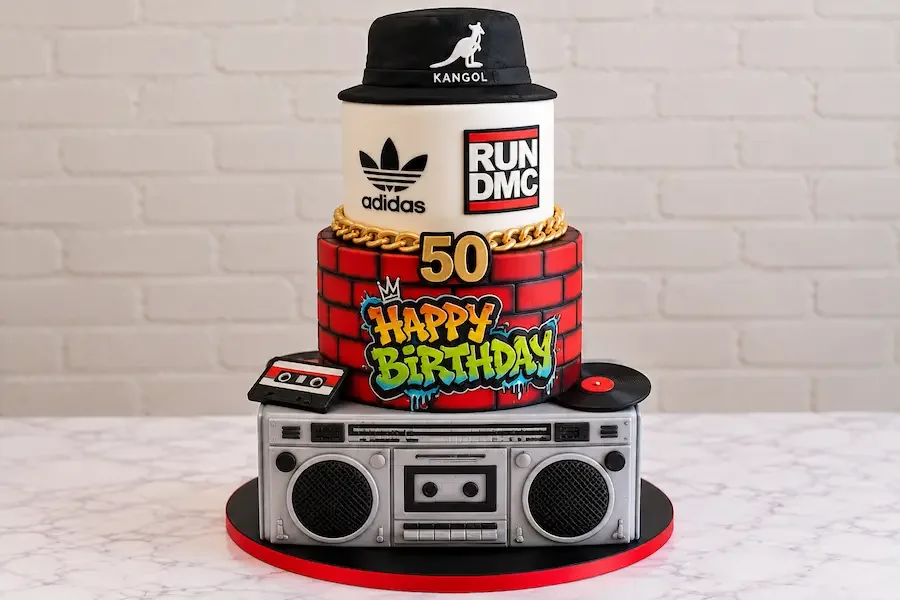 Old school hip hop with a boombox, graffiti and a brick tier