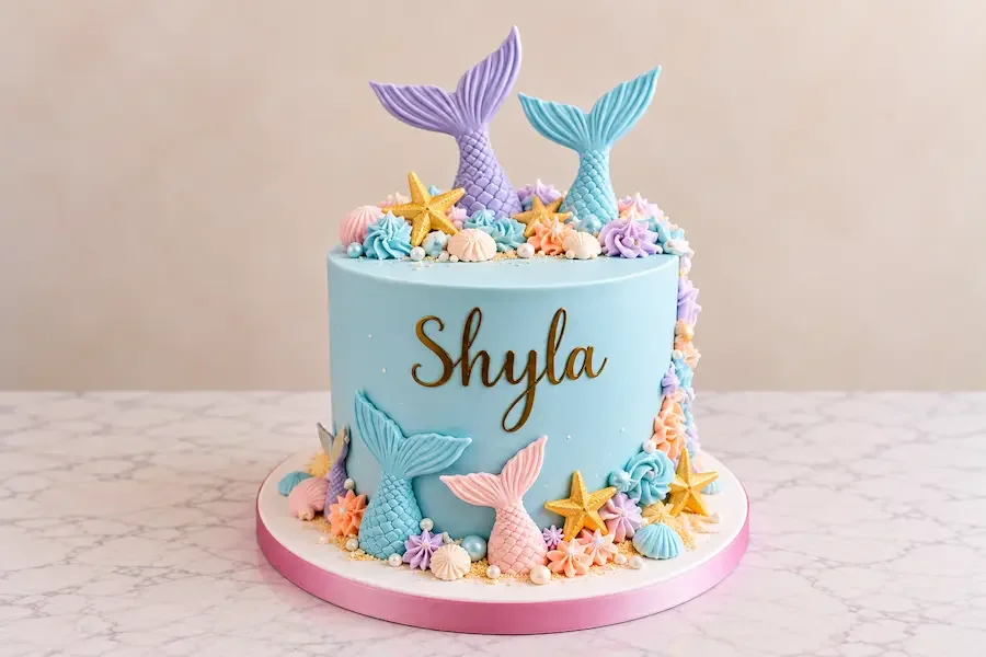 Mermaid tails, starfish and shells in pastel blue