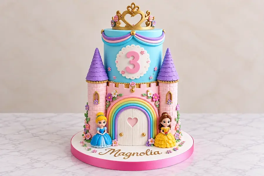 Fondant castle with turrets, a gold crown and princess figures