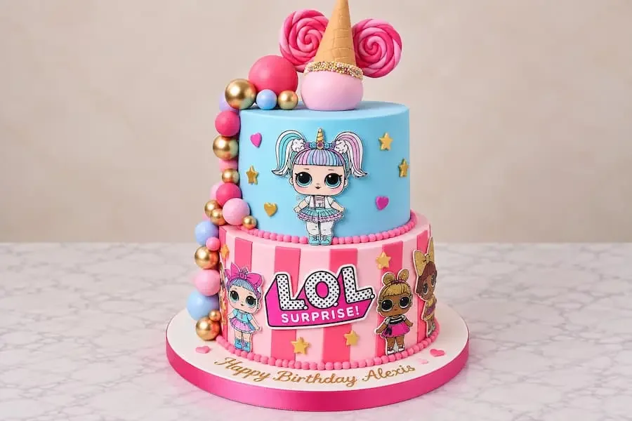 Pink and blue tiers with doll characters and a candy topper