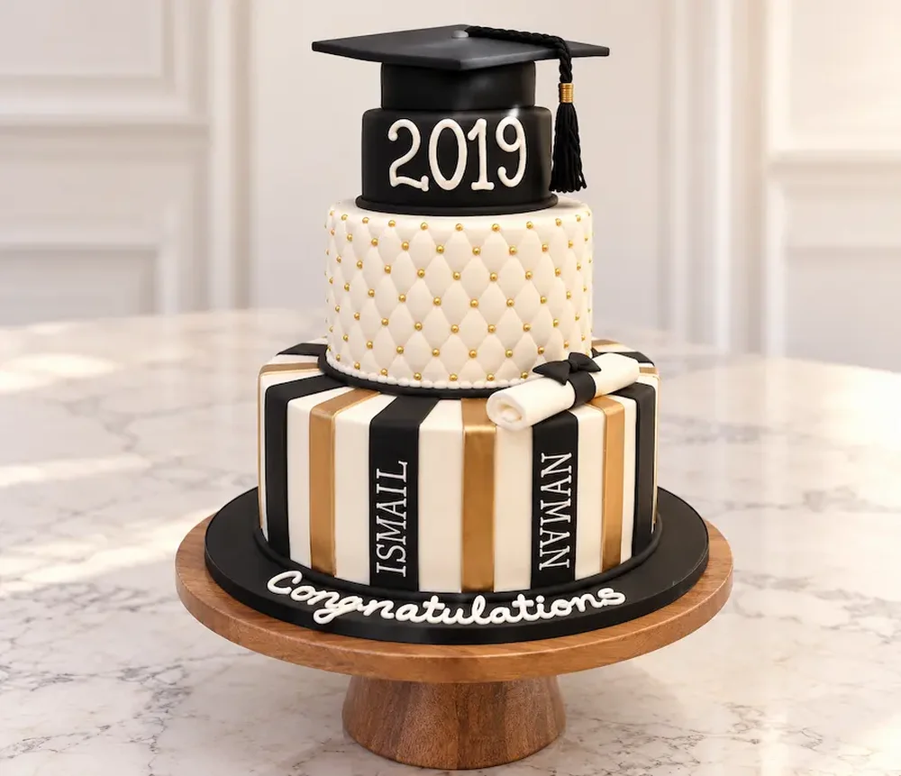 Quilted and striped tiers with a name for each graduate