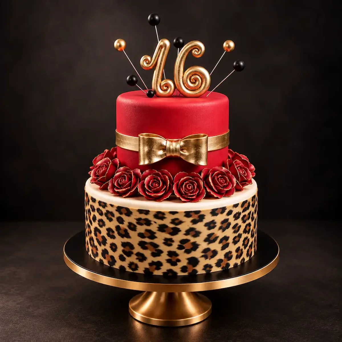 Two-tier Sweet 16 cake with gold bow and red roses
