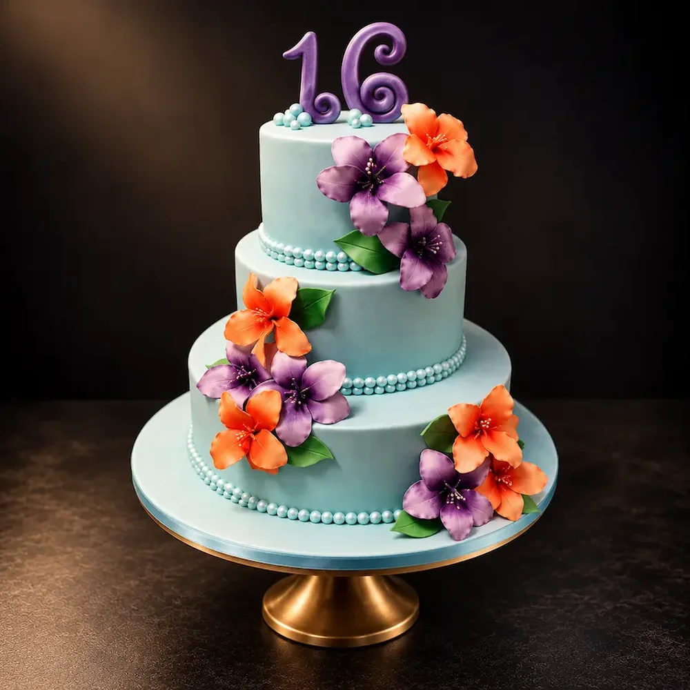 Three tier cake with sugar flowers