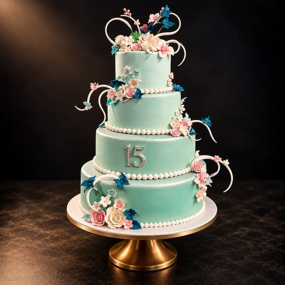 Four mint tiers with sugar flowers and pearl detail