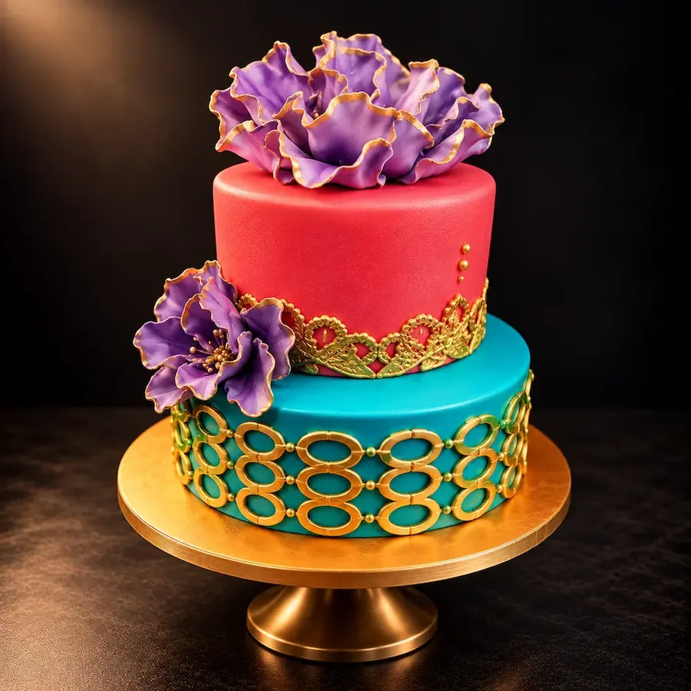 Contrasting color block tiers with gold lace work