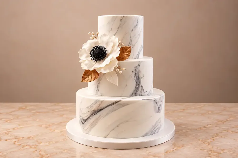 Marble finish with an anemone and gold leaves
