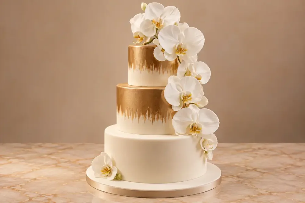 Brushed gold tiers with cascading orchids