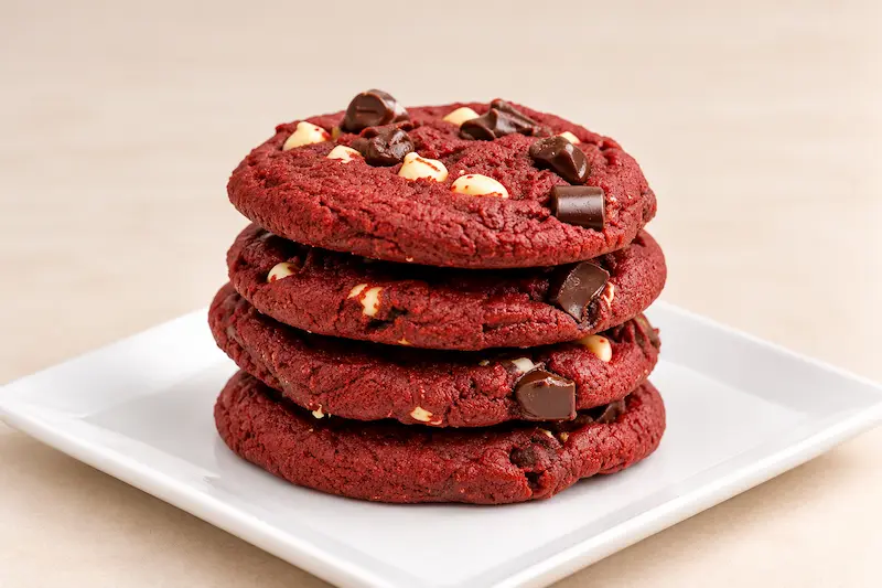 Red velvet cookies with chocolate chunks