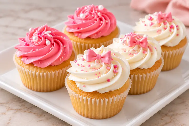 Pink and white buttercream swirls topped with sprinkles and fondant bows