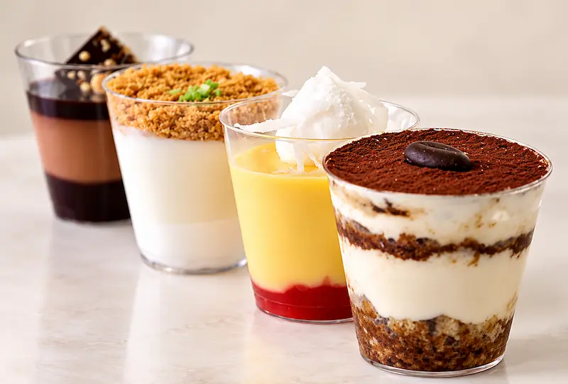 Four dessert shots: chocolate, crumble, mango and tiramisu