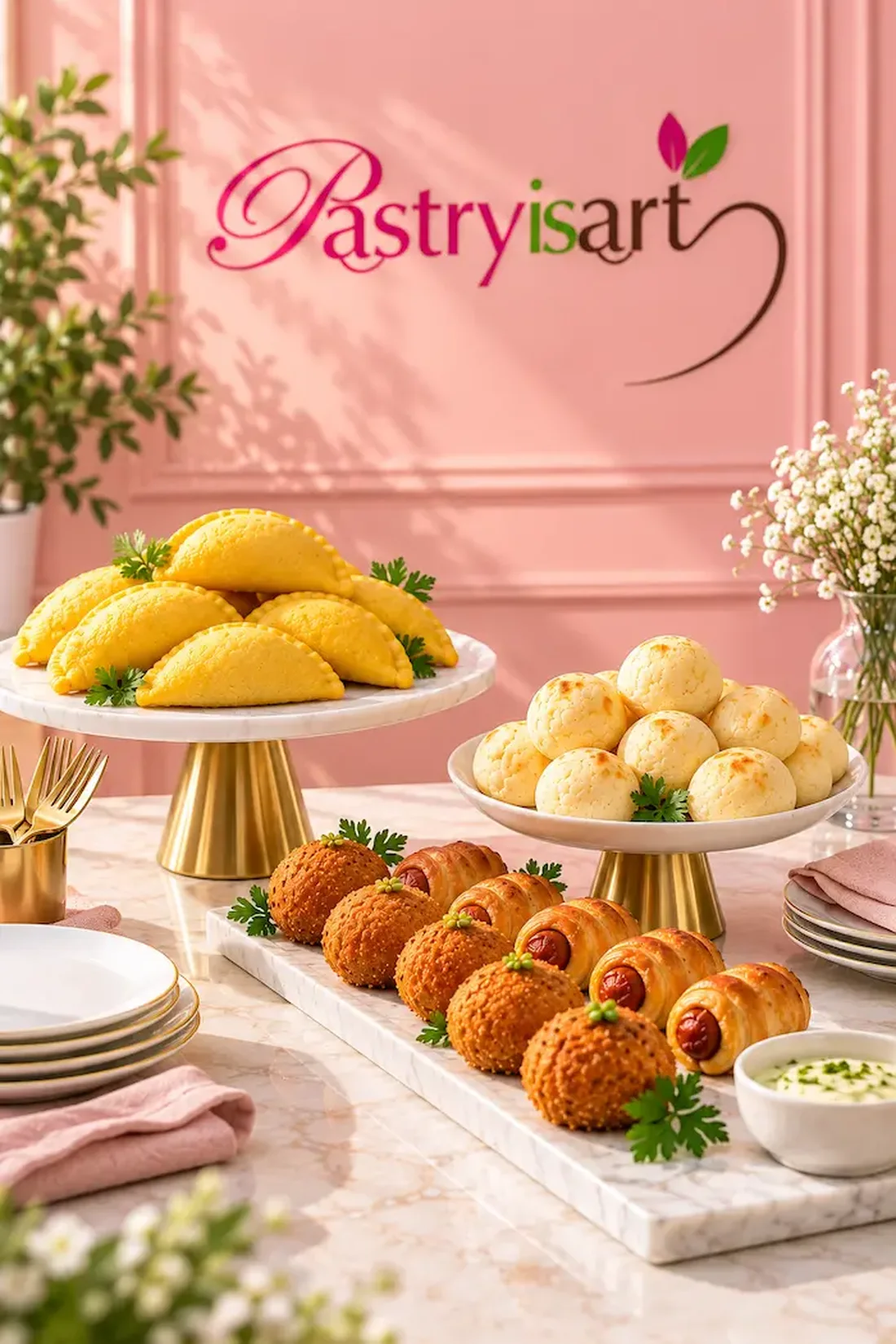Catering table with empanadas, cheese bread, croquetas and pigs in a blanket