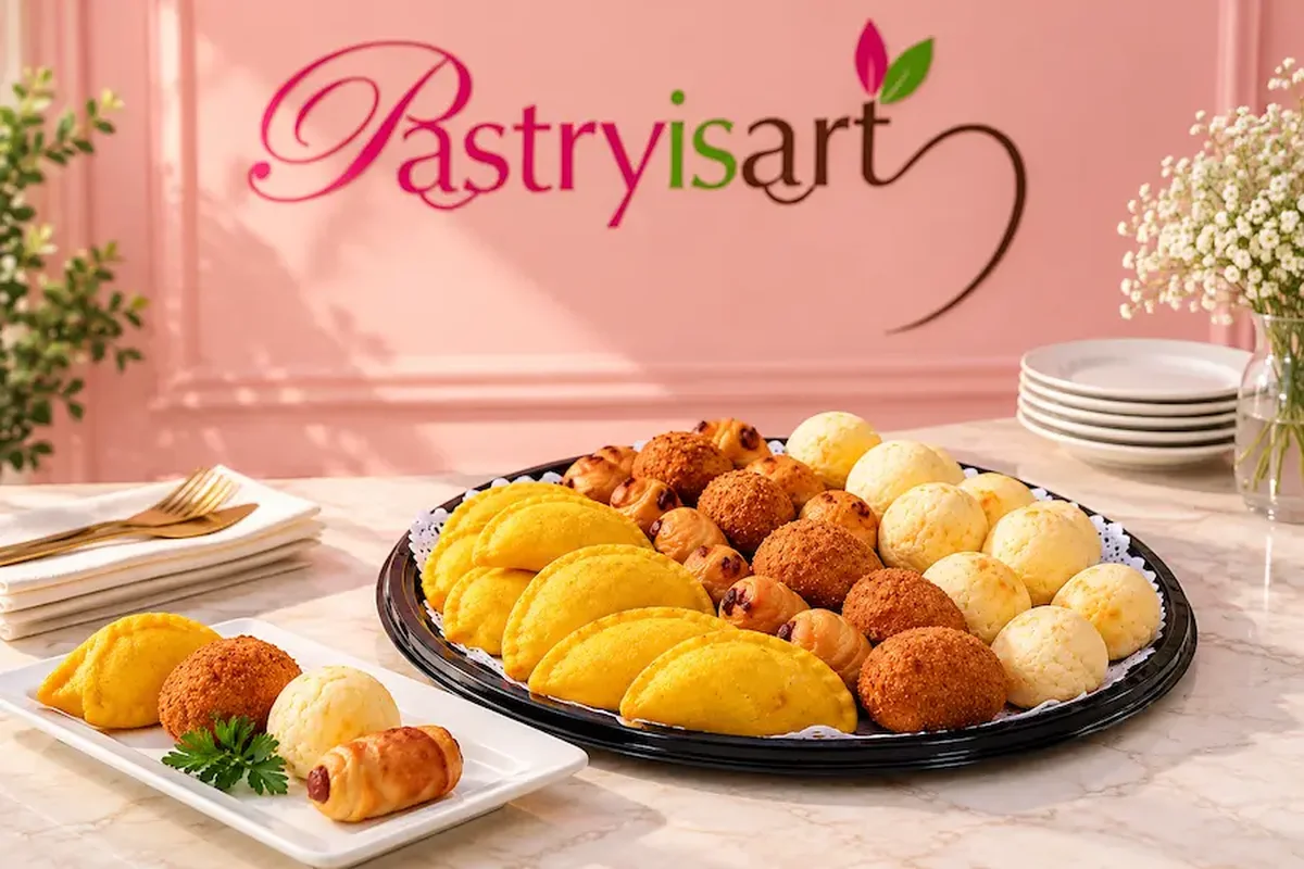 Catering tray with empanadas, croquetas, pigs in a blanket and cheese bread